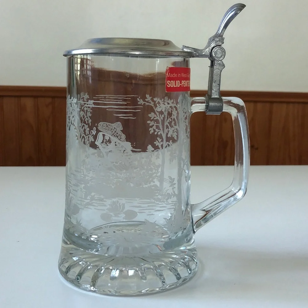 Vintage West Germany Etched Glass Beer Stein Pewter Lid Fishing Scene